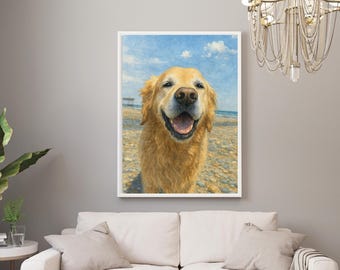 Golden Retriever Summer Beach Art Print: Dog Lover Gift (Digital Download)