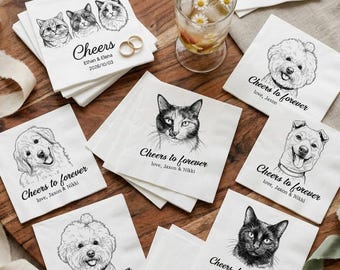 Personalized Pet Portrait Wedding Napkins, Custom Dog Cat Bar Decor