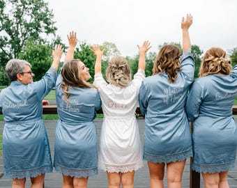 Personalized Bride Satin Lace Robe, Wedding Morning Robe with Custom Name