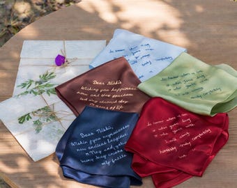 Personalized Mulberry Silk Handkerchief Set – Custom Embroidered Handwriting Keepsake, Wedding Gift for Bride, Groom or Parents