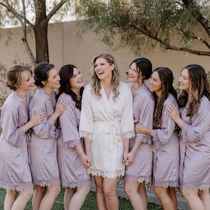 Personalized Bridesmaid Robe, Satin Lace Bridal Party Robe, Custom Front Back Name Gift