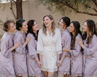 Personalized Bridesmaid Robe, Satin Lace Bridal Party Robe, Custom Front Back Name Gift