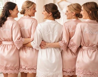 Personalized Bride Robe, Satin Lace Wedding Morning Robe, Custom Name Bridal Shower Gift