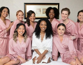 Personalized Bridal Robe, Satin Lace Wedding Morning Robe, Custom Name Bride Robe, Bridal Shower Gift