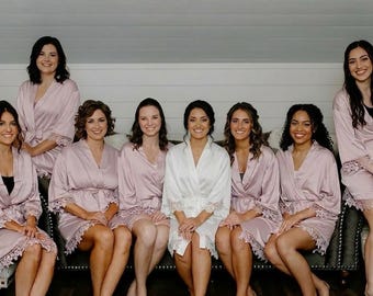 Personalized Bridesmaid Robe, Satin Lace Bridal Party Robe, Custom Wedding Morning Kimono