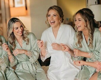 Personalized Satin Lace Bridal Robe, Custom Wedding Morning Kimono