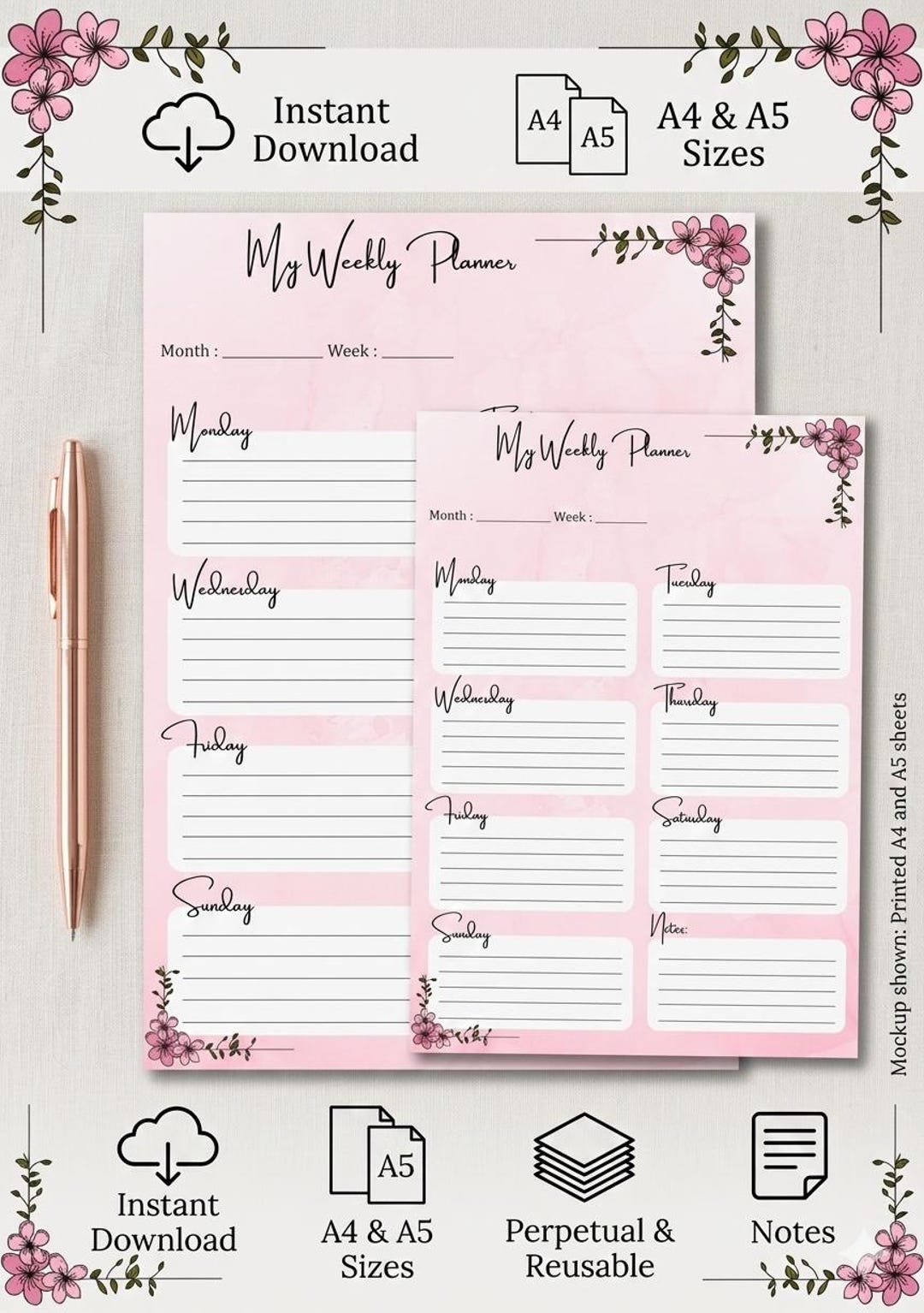 Elegant Floral Weekly Planner Printable – Undated Organizer (A4/A5 PDF ...
