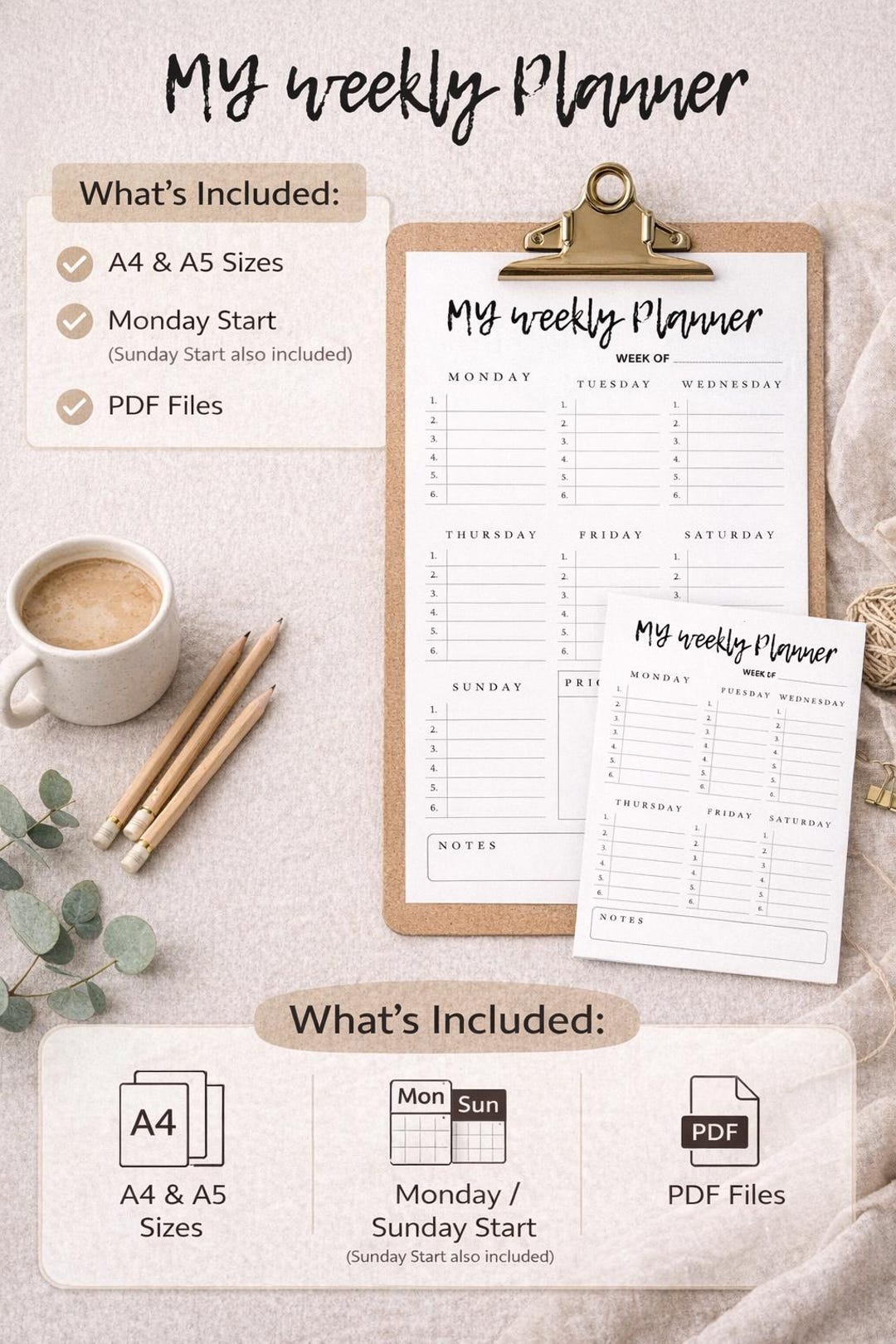 Minimalist Weekly Planner Printable: Undated Schedule Template (A4, A5 ...