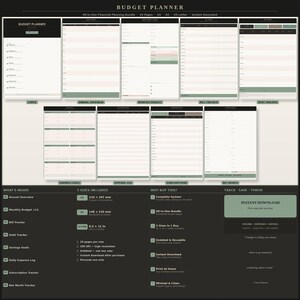 Può includere: Un set di pianificatore di budget digitale che include una pagina di copertina e nove modelli di monitoraggio, tra cui panoramica annuale, budget mensile, tracker delle bollette, debiti, risparmi, spese, abbonamenti e patrimonio netto in verde salvia.