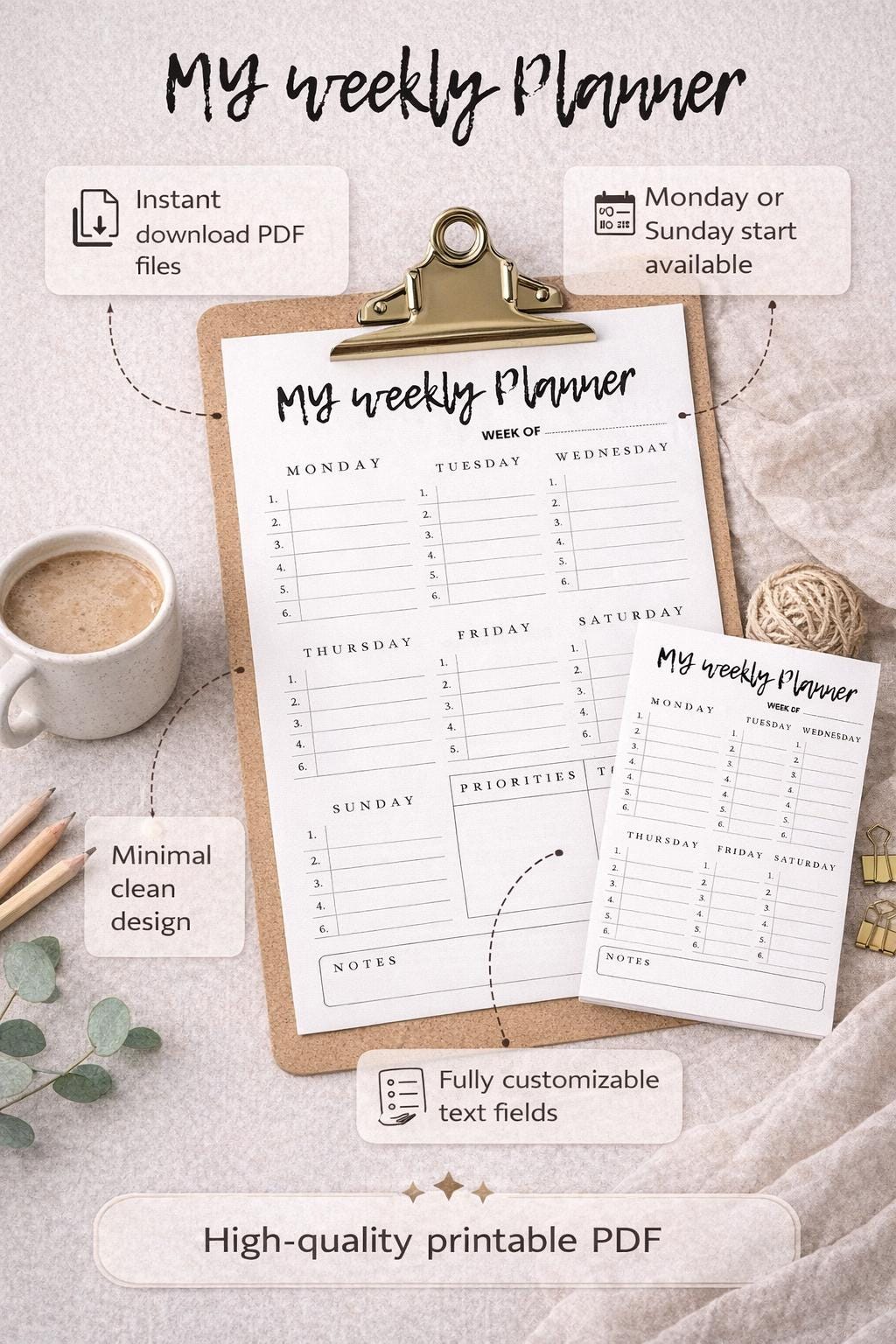 Minimalist Weekly Planner Printable: Undated Schedule Template (A4, A5 ...