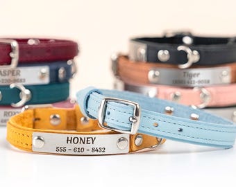 Blue/Teal Personalized Cat Collar — Leather Collar with Engraved Nameplate, Lightweight Silent ID