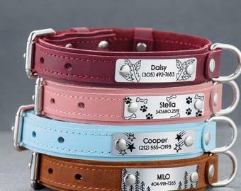Personalized Leather Dog Collar, Engraved Name ID, Handmade USA
