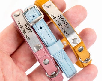 Pink & Pastel Personalized Cat Collar — Leather ID with Engraved Plate, Cute Silent Tag, Adjustable