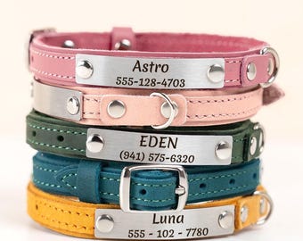 Minimal Leather Cat Collar — Custom Engraved Nameplate, Thin Adjustable Silent ID (No Dangling Tag)