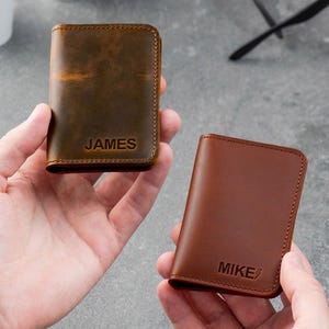 Custom Leather Bifold Card Holder with ID – Handmade Monogrammed Wallet, Father's Day Gift