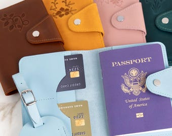 Birth Flower Passport Cover & Tag — Slim Leather Travel Set with Embossed Flower and Initials, Personalized Gift for Women