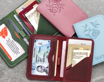 Personalized Birth Flower ID Wallet — Slim Leather Card Case with Window, Initials, Front Pocket Minimalist, Stocking Stuffer for Teen Girls