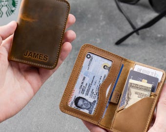 Personalized Leather Bifold Wallet, Slim Card Holder, Handmade USA, Father's Day Gift