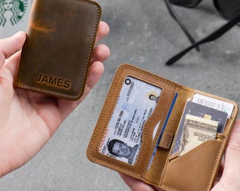 Custom Initials Leather Wallet – Slim Bifold, Front Pocket Card Holder, Gift for Dad