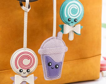 Stocking Stuffer for Her — Cute Kawaii Leather Keychain or Bag Charm, Milkshake & Lollipop, Small Gift Under 25
