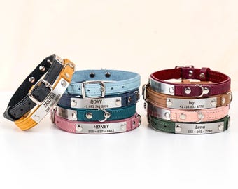 Leather Cat Collar with Name & Phone — Personalized Engraved Plate, Silent ID, Lightweight