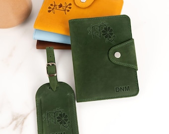 Stocking Stuffer Travel Set — Personalized Leather Passport Holder & Luggage Tag with Birth Flower and Zodiac