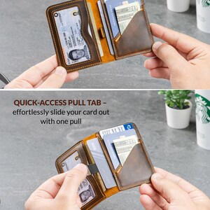 Man using quick-access pull tab on leather card holder to retrieve a credit card
