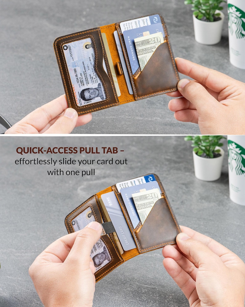 Man using quick-access pull tab on leather card holder to retrieve a credit card
