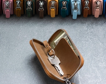 Personalized Leather Key Case – Zipper Key Wallet with Initials, Card Pocket, Optional AirTag Holder