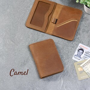 Camel leather card holder wallet with ID window and storage for cards and cash