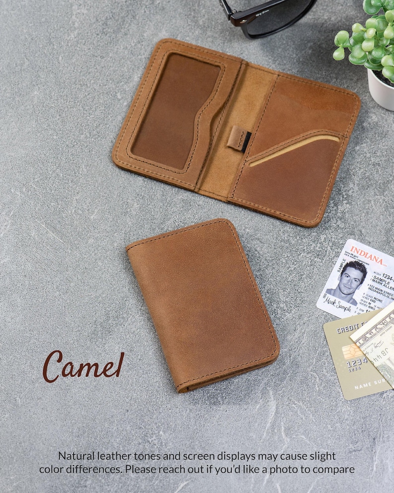 Camel leather card holder wallet with ID window and storage for cards and cash