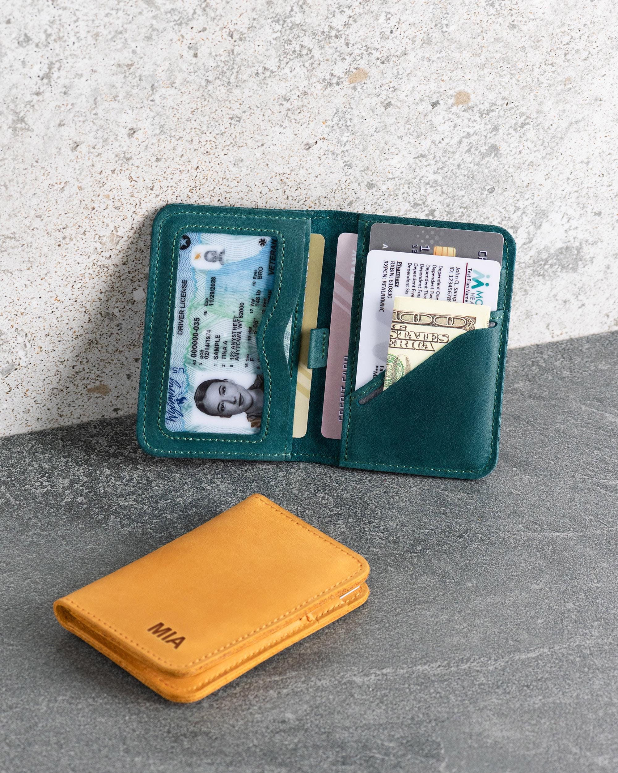 Personalized Leather ID Wallet - Slim Bifold Card Case, Handmade in USA Personalized Leather ID Wallet - Slim Bifold Card Case, Handmade in USA