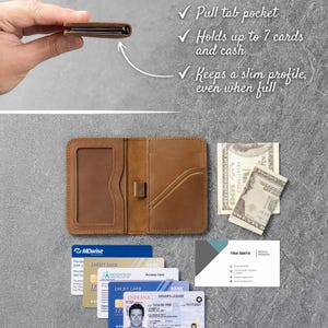Slim leather wallet shown open with card slots, ID window, and bills