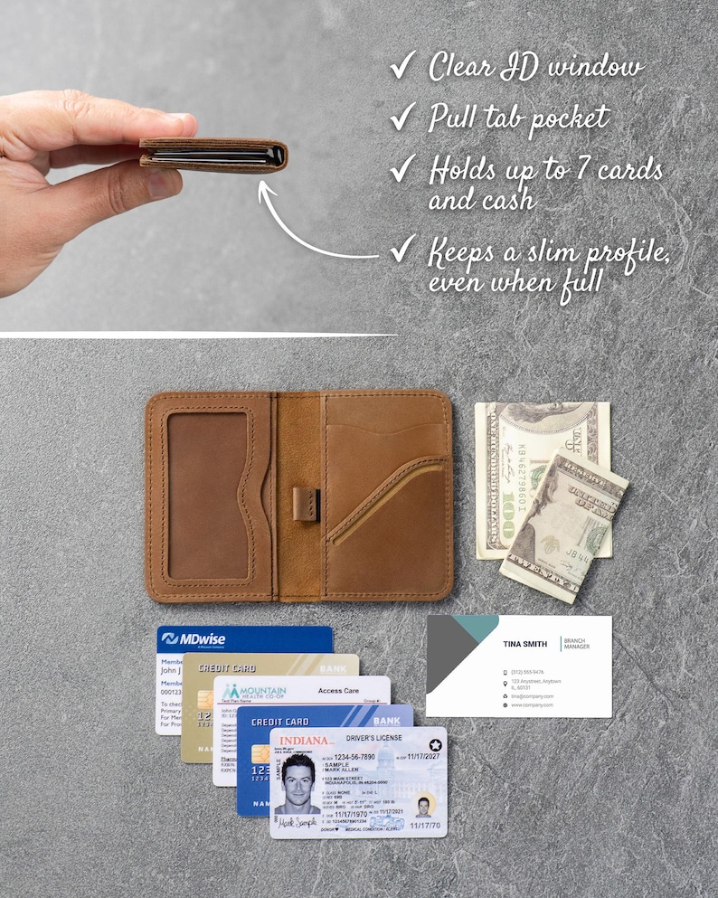 Slim leather wallet shown open with card slots, ID window, and bills