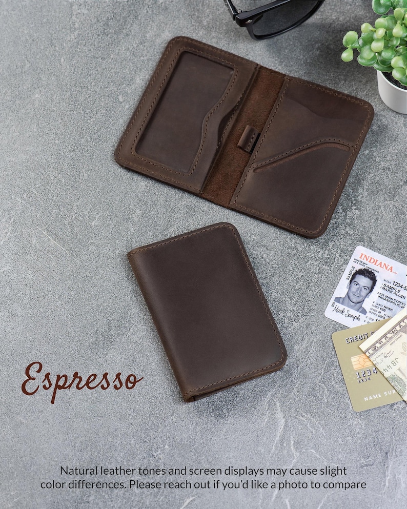 Espresso leather minimalist wallet displayed with ID and folded bills