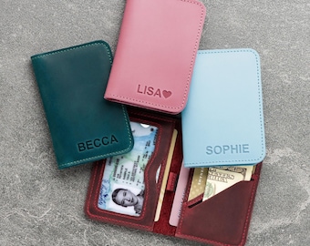 Personalized Leather ID Wallet, Slim Bifold Card Holder, Custom Initials