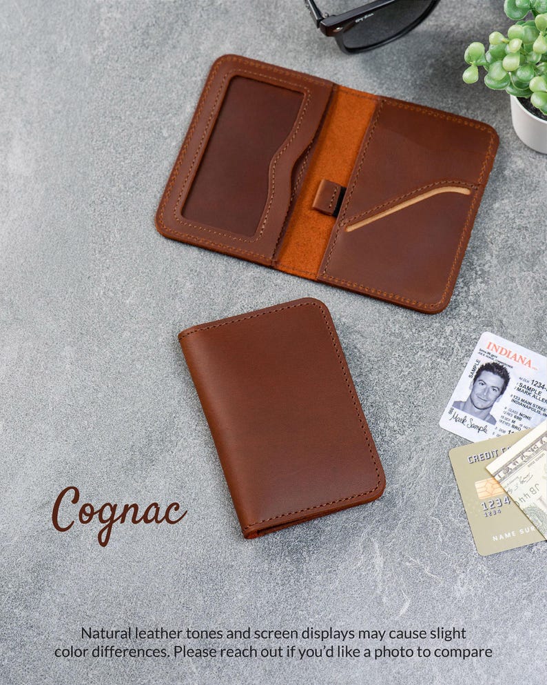 Cognac leather slim wallet open to show interior card layout