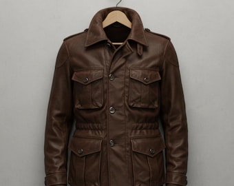 Men’s Brown Leather Field Jacket – Vintage Safari Military Style Outerwear