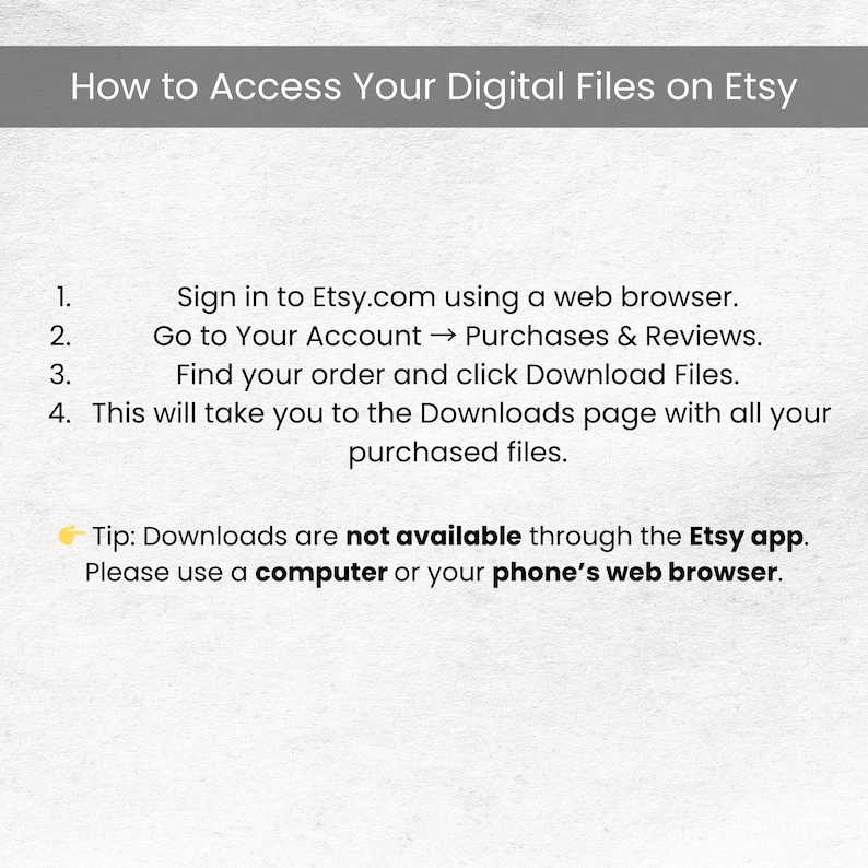 May include: A guide titled "How to Access Your Digital Files on Etsy" with numbered steps. Instructions include signing in, navigating to purchases, finding the order, and downloading files. A tip advises using a computer or web browser.