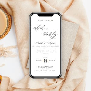 May include: A smartphone displays a wedding after-party invitation with elegant script. The invitation includes the names Daniel & Sophia, the date December 14, 2028, and the venue. The phone rests on a beige fabric.