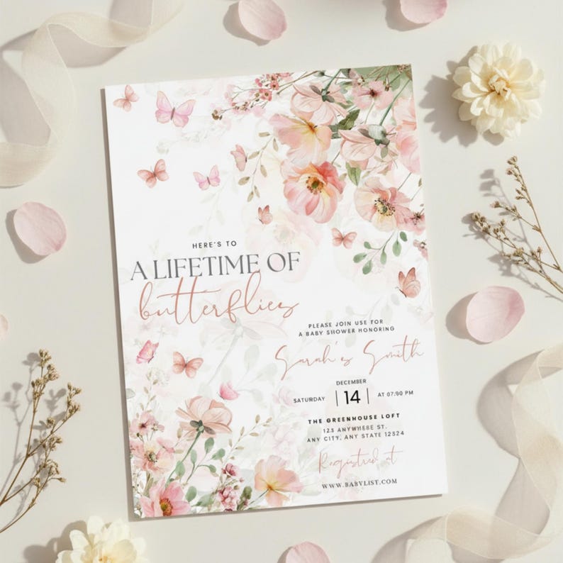 May include: A baby shower invitation with a floral and butterfly design. The invitation features the text "Here's to a Lifetime of Butterflies" and event details. Soft pink and peach flowers and butterflies decorate the invitation.