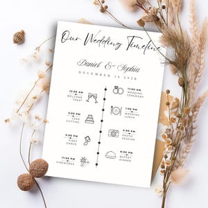 Puede incluir: Una línea de tiempo de boda en papel color crema con el texto "Our Wedding Timeline", los nombres "Daniel & Sophia" y la fecha "DECEMBER 14 2028". La línea de tiempo incluye ilustraciones para varios eventos de boda.