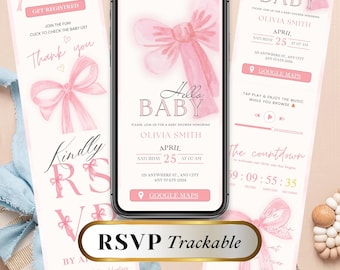 Pink Bow Baby Shower Invitation with Trackable RSVP | Editable Digital Baby Girl Coquette Invite | Modern Minimal Canva Template