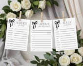 Black Bow Baby Shower Games Printable | Wishes for Baby, Advice & Predictions Cards, Elegant Neutral Baby Shower