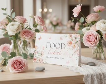Baby in Bloom Baby Shower Food Labels, Editable Butterfly Food Tent Cards, Floral Wildflower Food Tented Cards