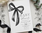 Black Bow Baby Shower Invitation Template, Coquette Baby Shower Invite, Editable Canva Baby Shower, Printable Baby Girl Invitation