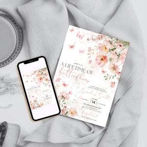 May include: A baby shower invitation and a smartphone displaying the same design. The invitation features floral and butterfly illustrations with the text "A Lifetime of Butterflies." The color palette includes soft pinks and greens.