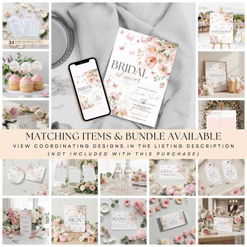 May include: A collection of bridal shower stationery with floral and butterfly designs. Includes invitations, signage, tags, and games. A smartphone displays a matching invitation. The text "Bridal Shower" is visible on the invitation and other items.