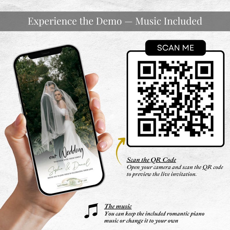 K&ouml;nnte beinhalten: Ein Smartphone zeigt eine Hochzeitseinladung mit einem Foto eines Paares. Der Text lautet "our Wedding" und "Sophia & Daniel". Ein QR-Code ist vorhanden, mit dem Text "SCAN ME". Das Bild enth&auml;lt auch Text &uuml;ber Musik.