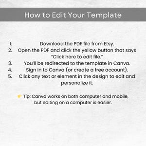 May include: A white graphic with the title "How to Edit Your Template" and numbered instructions. The steps include downloading a PDF, opening it, clicking a button, and editing in Canva. A tip suggests using a computer for easier editing.